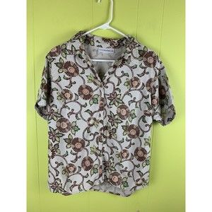 SAG Harbor WOMAN Sz L Linen Blend Blouse Khaki Beige Floral Print Short Sleeve